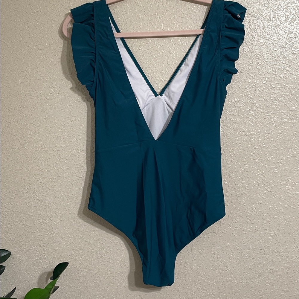 Cupshe Teal Ruffle Shoulder One-Piece Swimsuit - Picture 4 of 7
